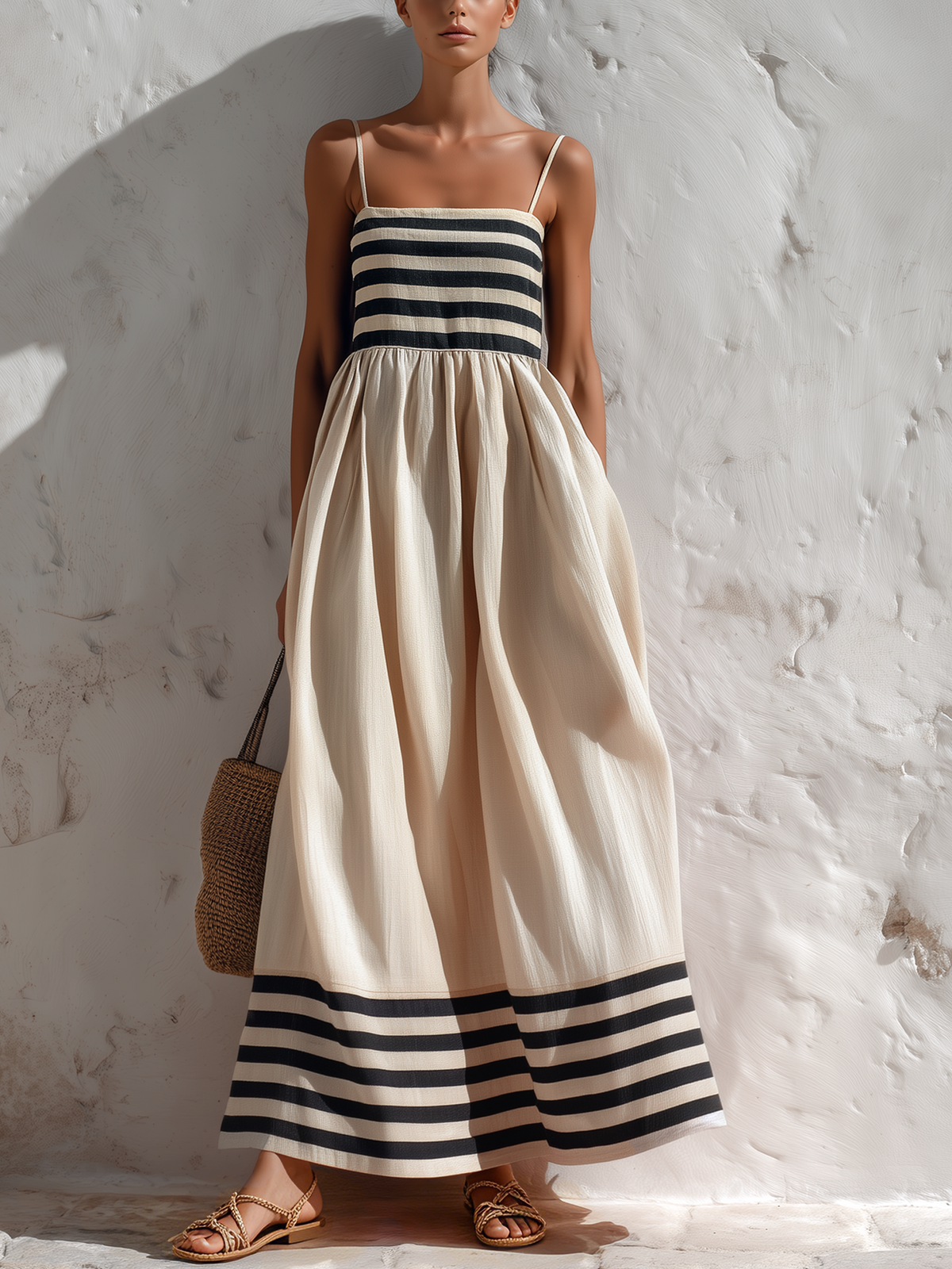 Ortensia | Black & Beige Striped Maxi Dress with Thin Straps