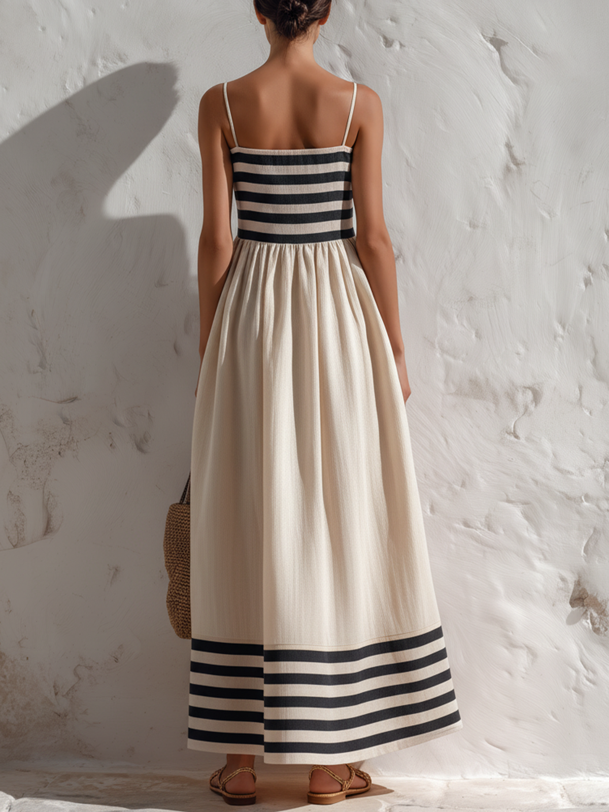 Ortensia | Black & Beige Striped Maxi Dress with Thin Straps