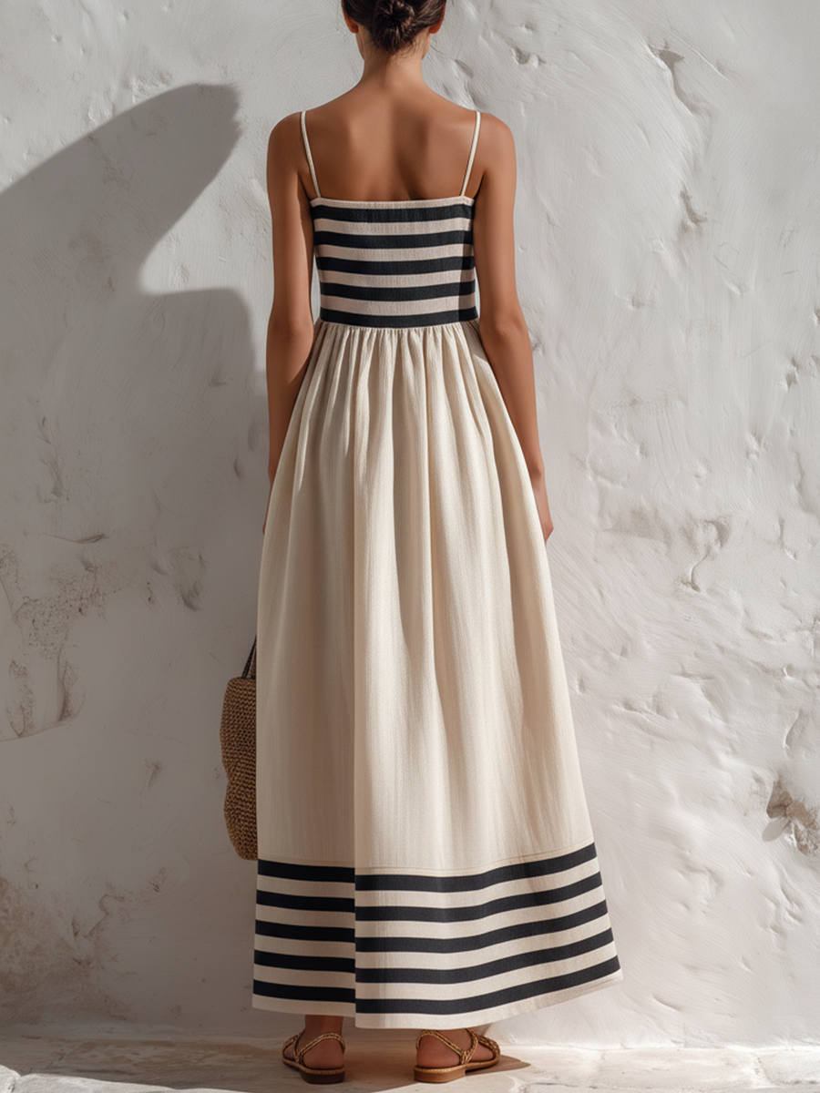 Ortensia | Black & Beige Striped Maxi Dress with Thin Straps