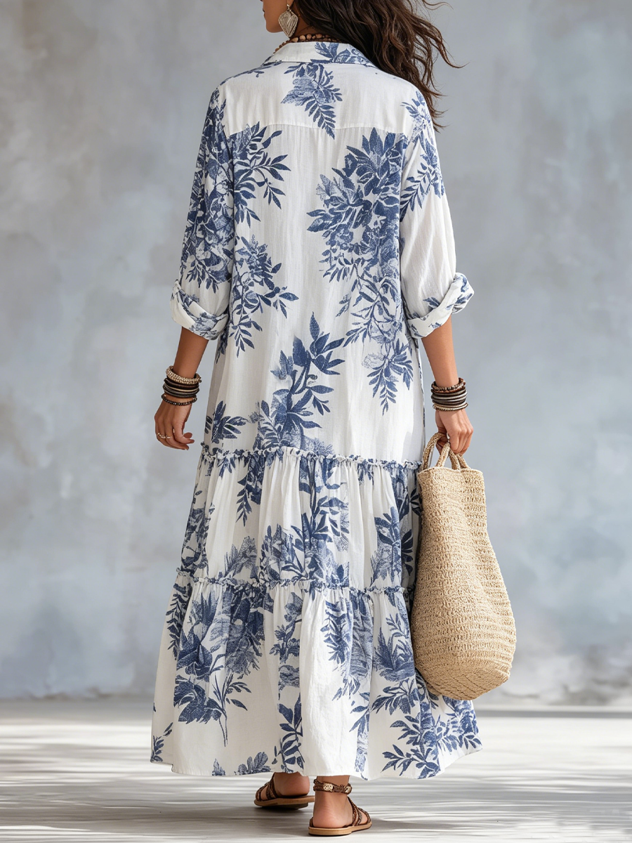 Fern - Bohemian Blue Floral Button-down Maxi Dress