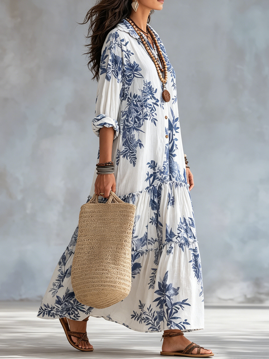 Fern - Bohemian Blue Floral Button-down Maxi Dress