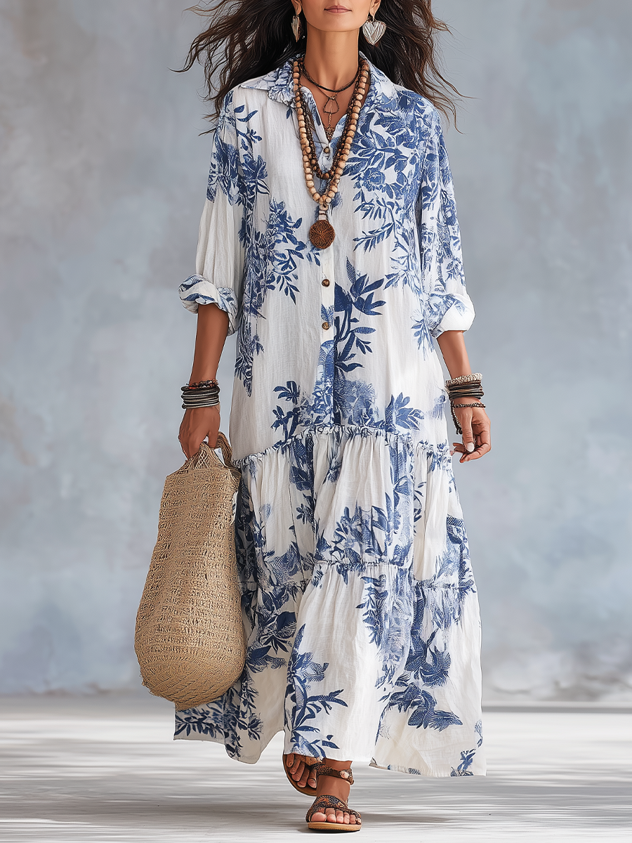 Fern - Bohemian Blue Floral Button-down Maxi Dress