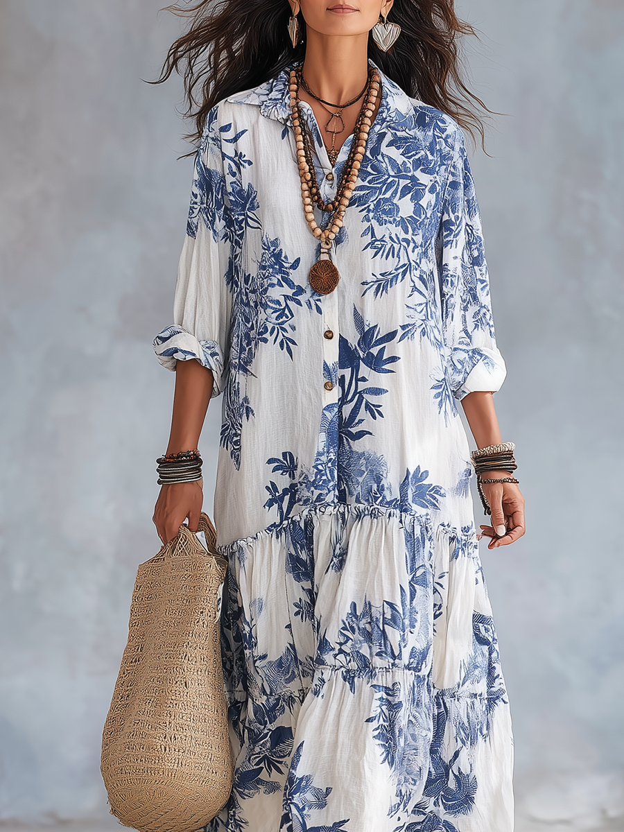 Fern - Bohemian Blue Floral Button-down Maxi Dress