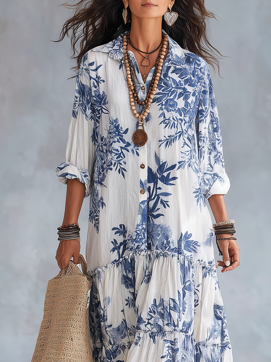 Fern - Bohemian Blue Floral Button-down Maxi Dress