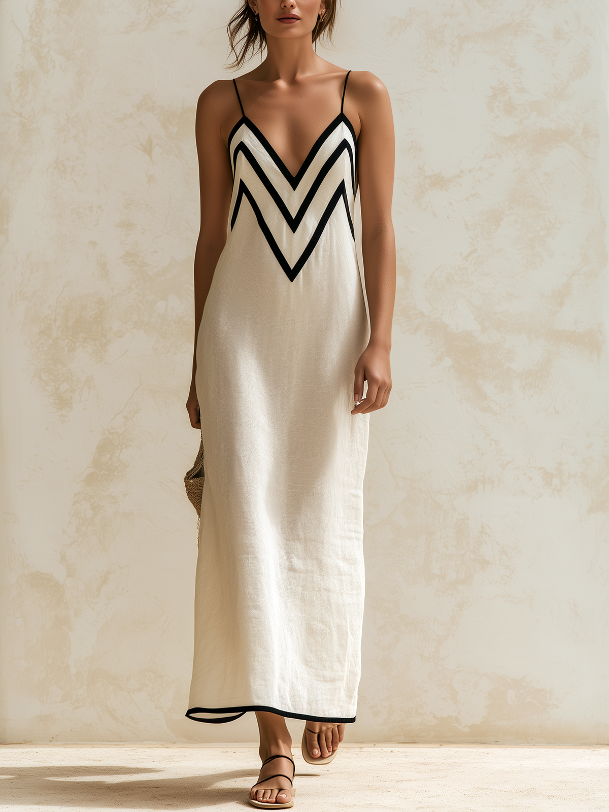 Inma | Chevron Contrast-Trim Slip Maxi Dress
