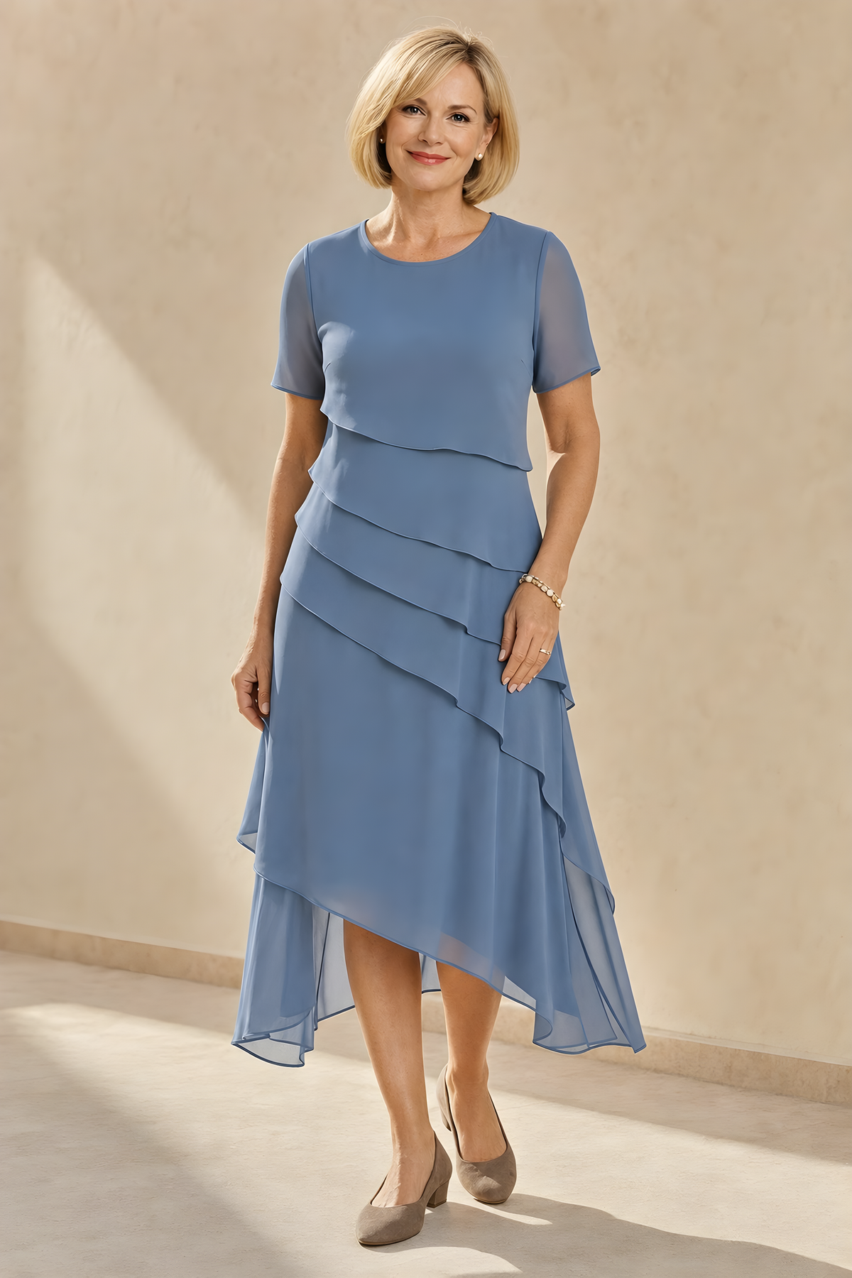 Carol | Tiered Chiffon Midi Dress – Blue (detail)