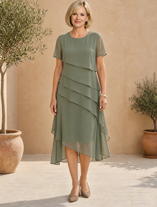 Carol | Tiered Chiffon Midi Dress – Green