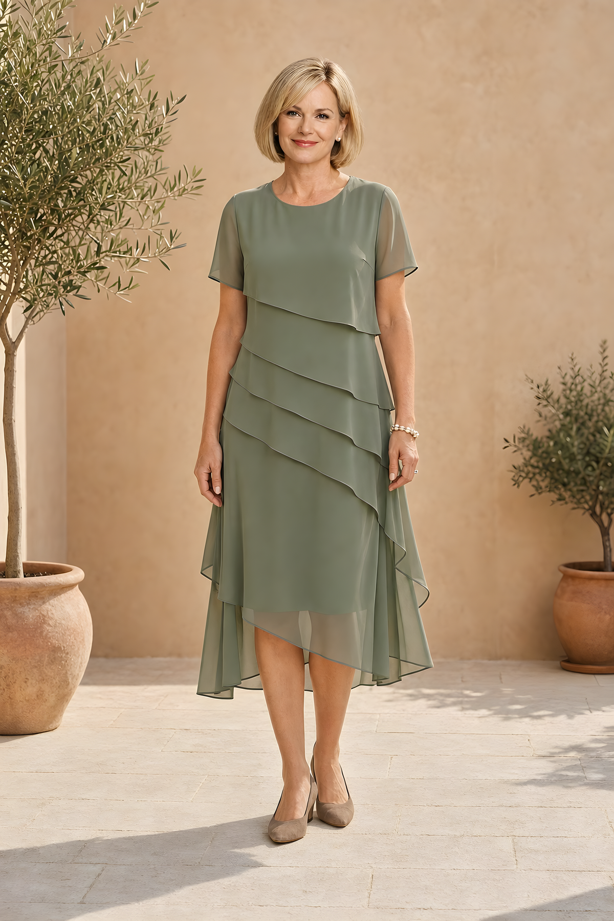 Carol | Tiered Chiffon Midi Dress – Green