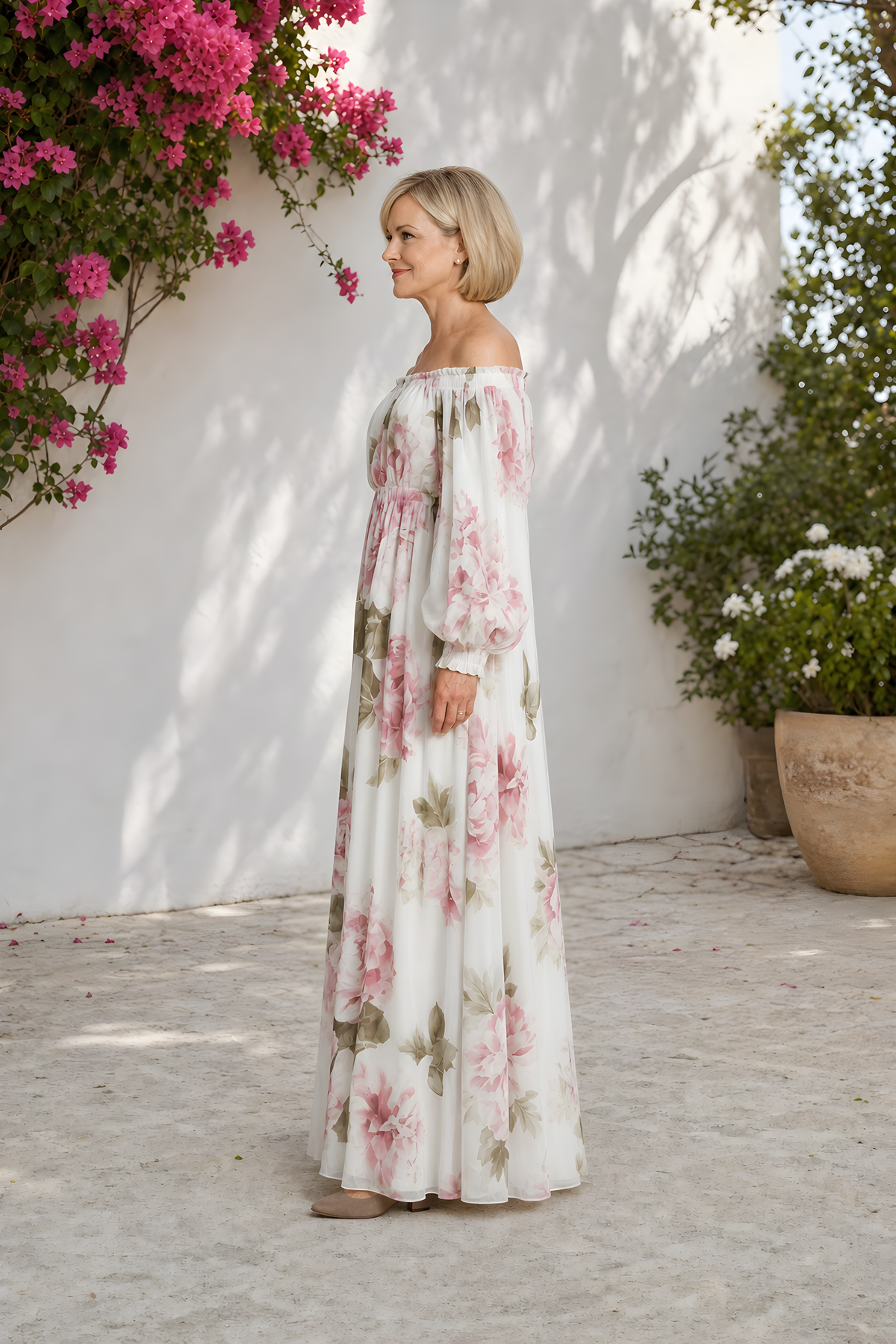 Pivoine | Off-Shoulder Floral Maxi Dress – White (side)