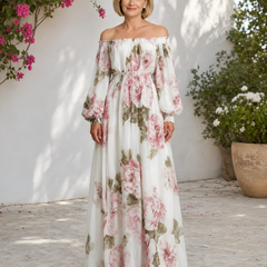 Pivoine | Off-Shoulder Floral Maxi Dress – White (front)
