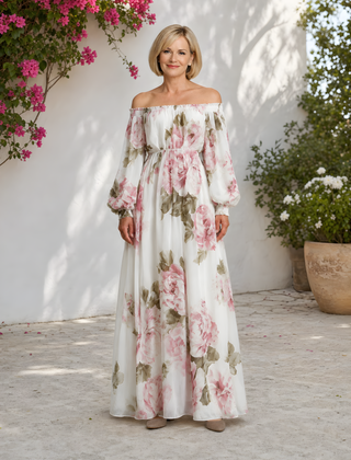 Pivoine | Off-Shoulder Floral Maxi Dress – White (front)