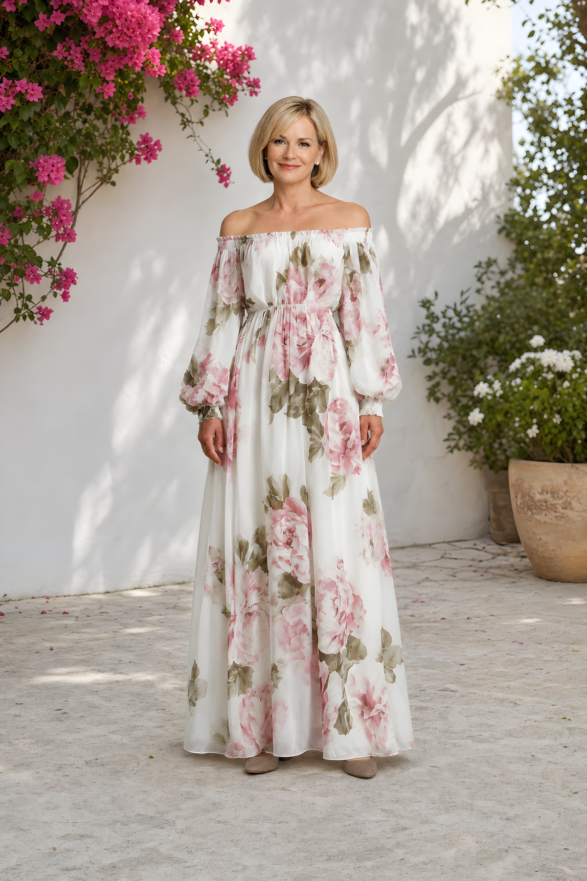 Pivoine | Off-Shoulder Floral Maxi Dress – White (front)
