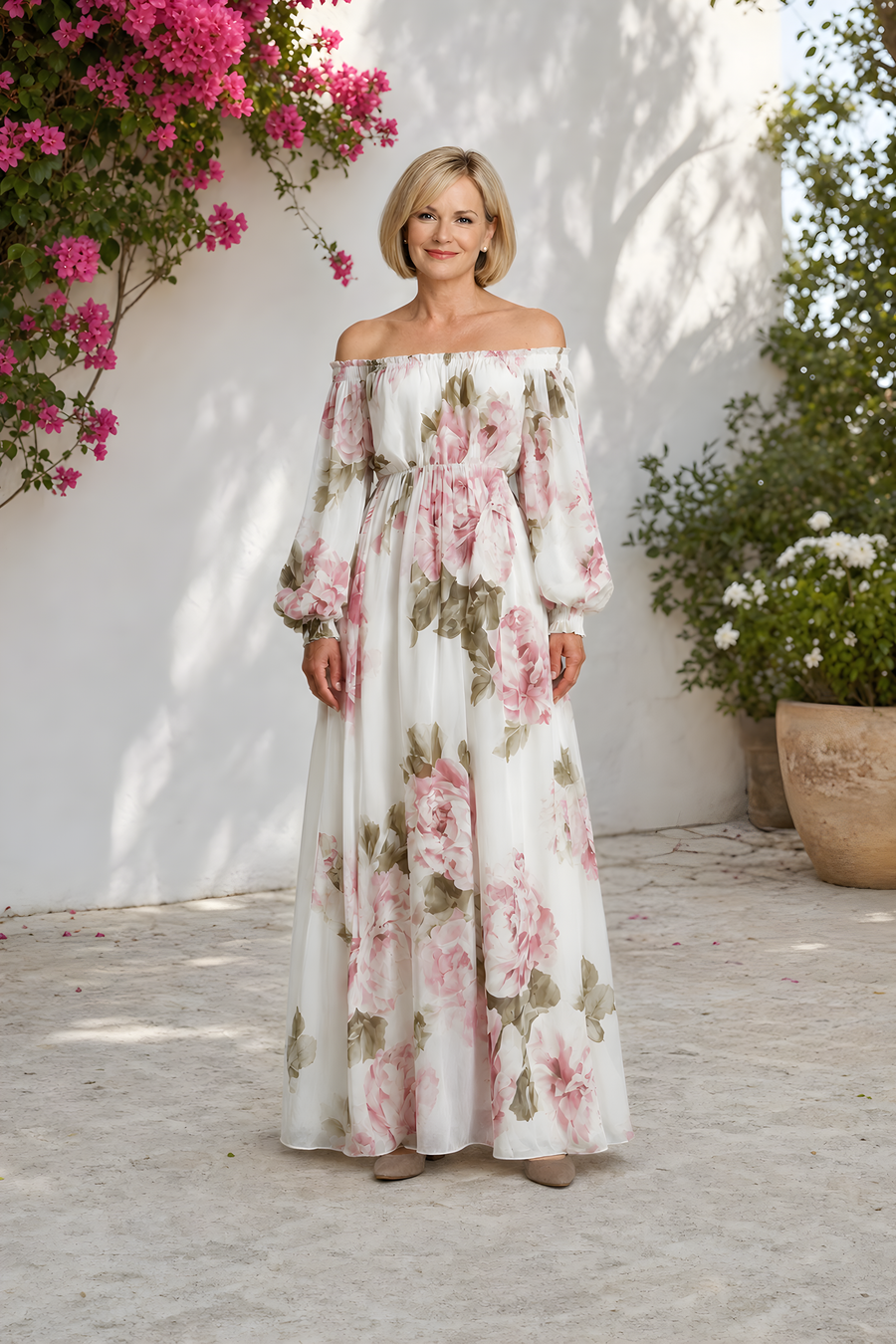 Pivoine | Off-Shoulder Floral Maxi Dress – White (front)