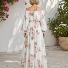 Pivoine | Off-Shoulder Floral Maxi Dress – White (back)