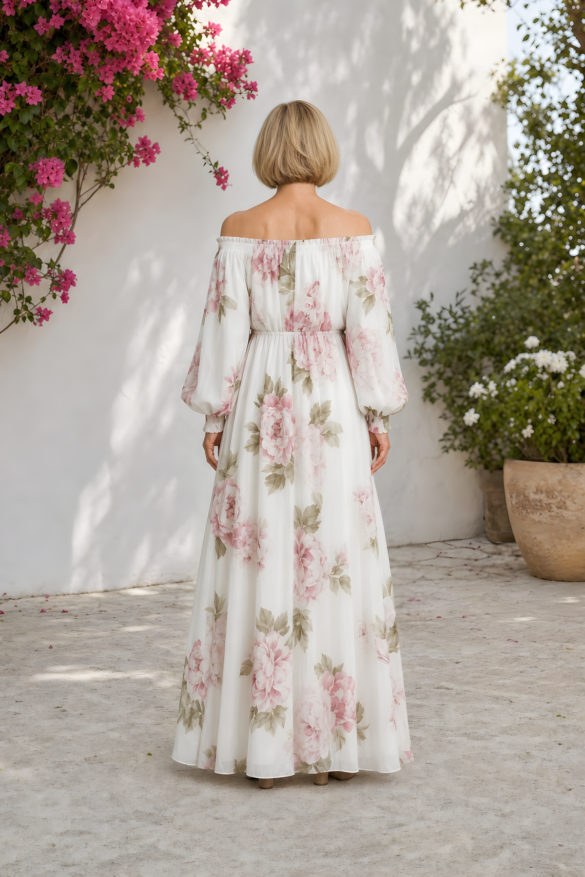 Pivoine | Off-Shoulder Floral Maxi Dress – White (back)