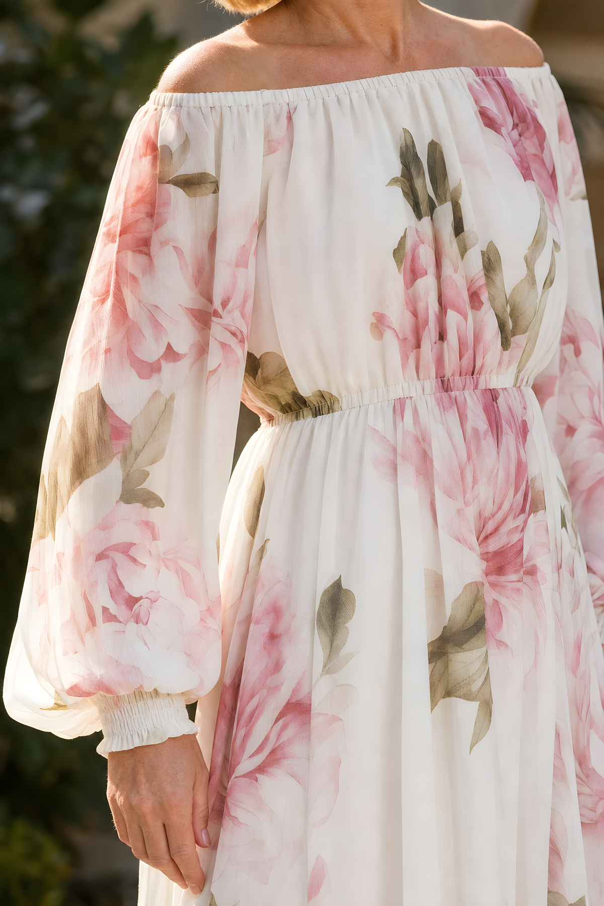 Pivoine | Off-Shoulder Floral Maxi Dress – White (detail)