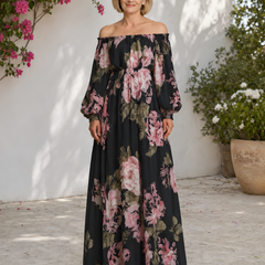 Pivoine | Off-Shoulder Floral Maxi Dress – Black