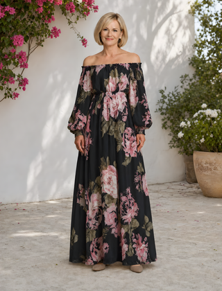 Pivoine | Off-Shoulder Floral Maxi Dress – Black