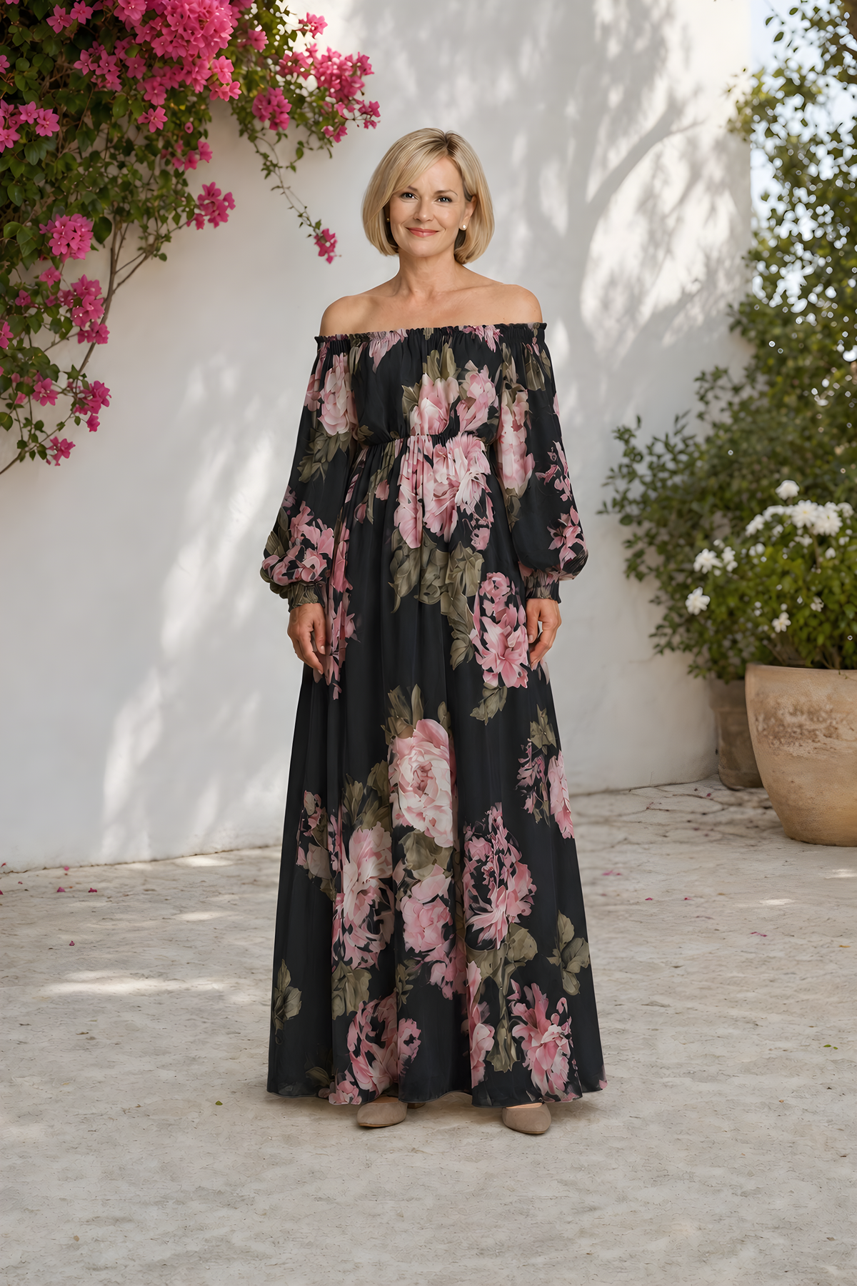 Pivoine | Off-Shoulder Floral Maxi Dress – Black