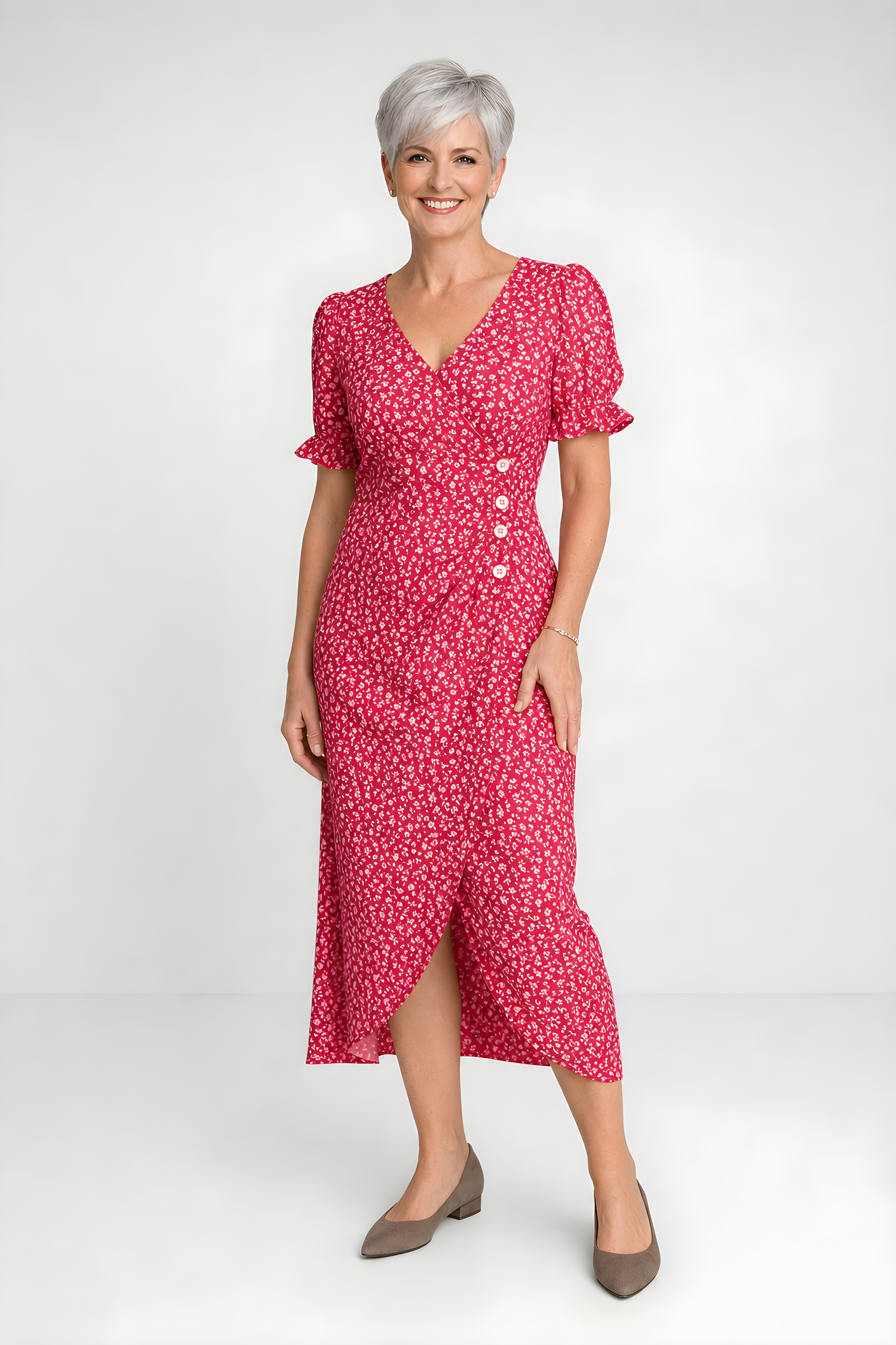 Carmen | Floral Wrap Midi Dress – Red (detail)