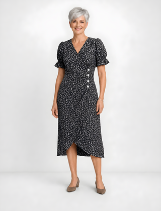 Carmen | Floral Wrap Midi Dress – Black