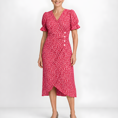 Carmen | Floral Wrap Midi Dress – Coral Pink
