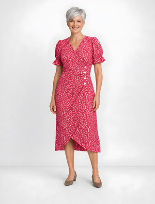 Carmen | Floral Wrap Midi Dress – Coral Pink