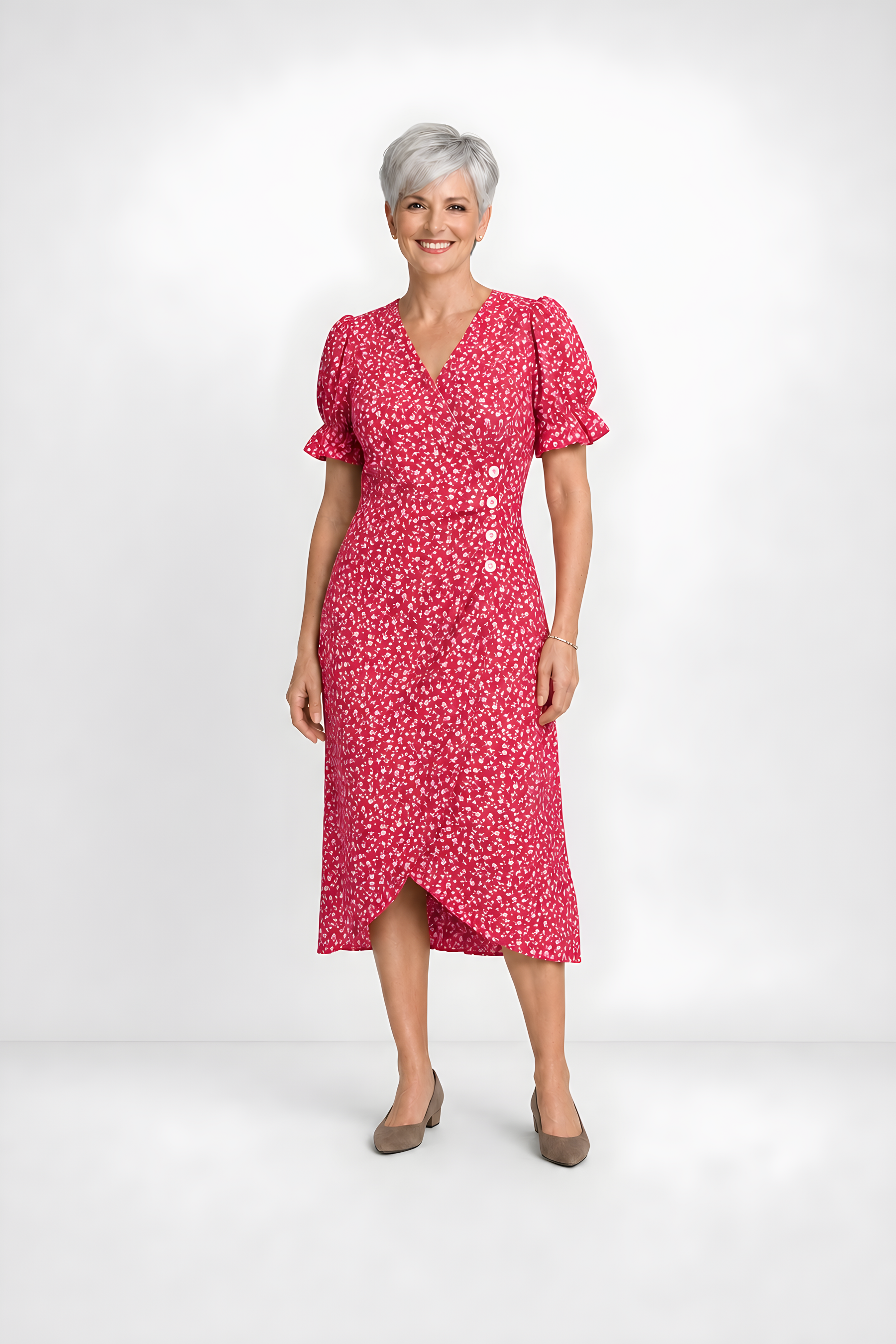 Carmen | Floral Wrap Midi Dress – Coral Pink