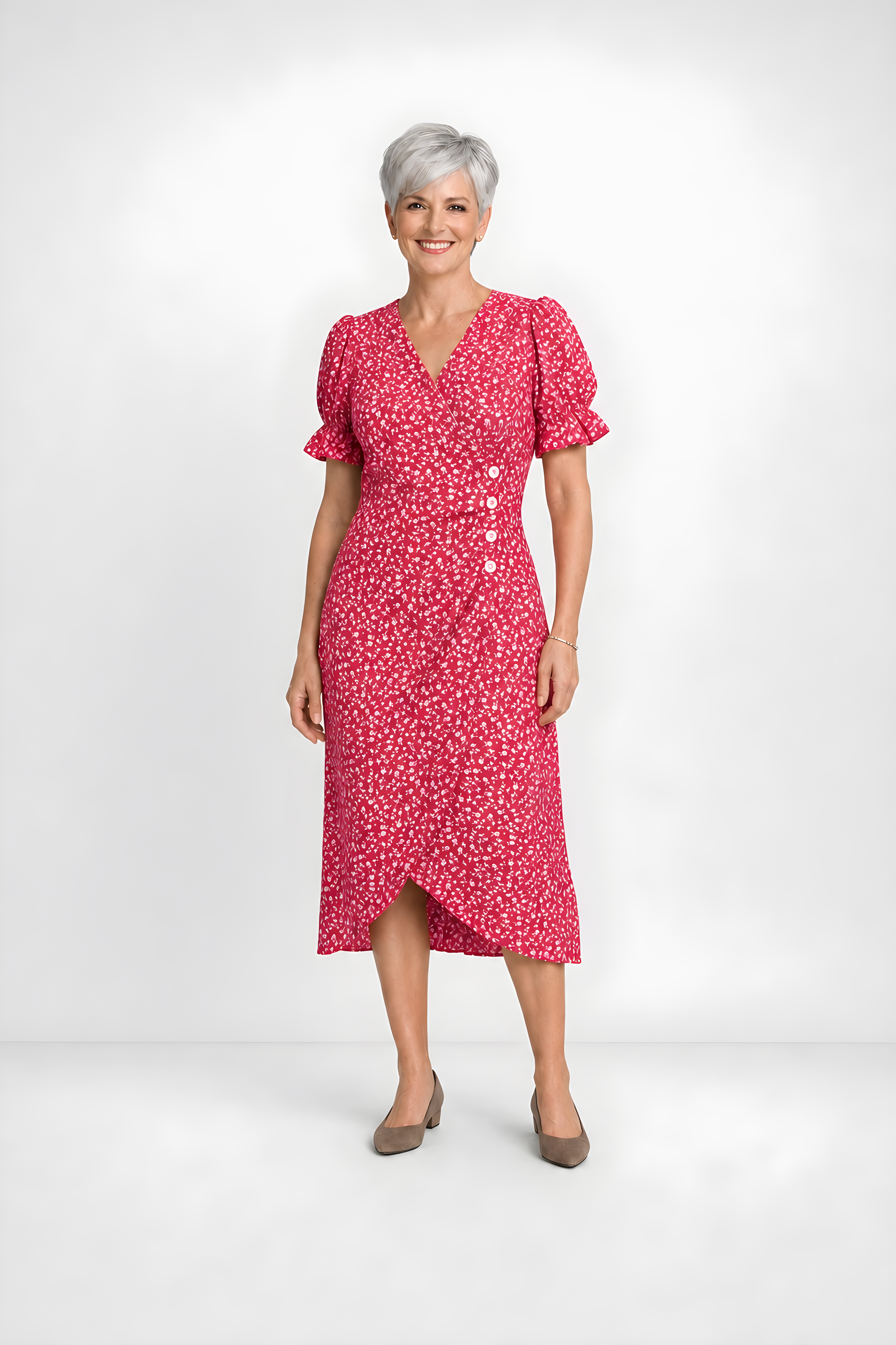 Carmen | Floral Wrap Midi Dress – Coral Pink