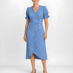 Carmen | Floral Wrap Midi Dress – Blue