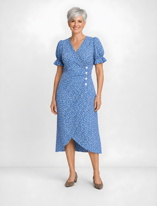 Carmen | Floral Wrap Midi Dress – Blue