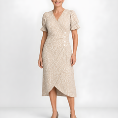Carmen | Floral Wrap Midi Dress – Beige