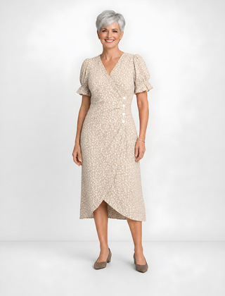 Carmen | Floral Wrap Midi Dress – Beige
