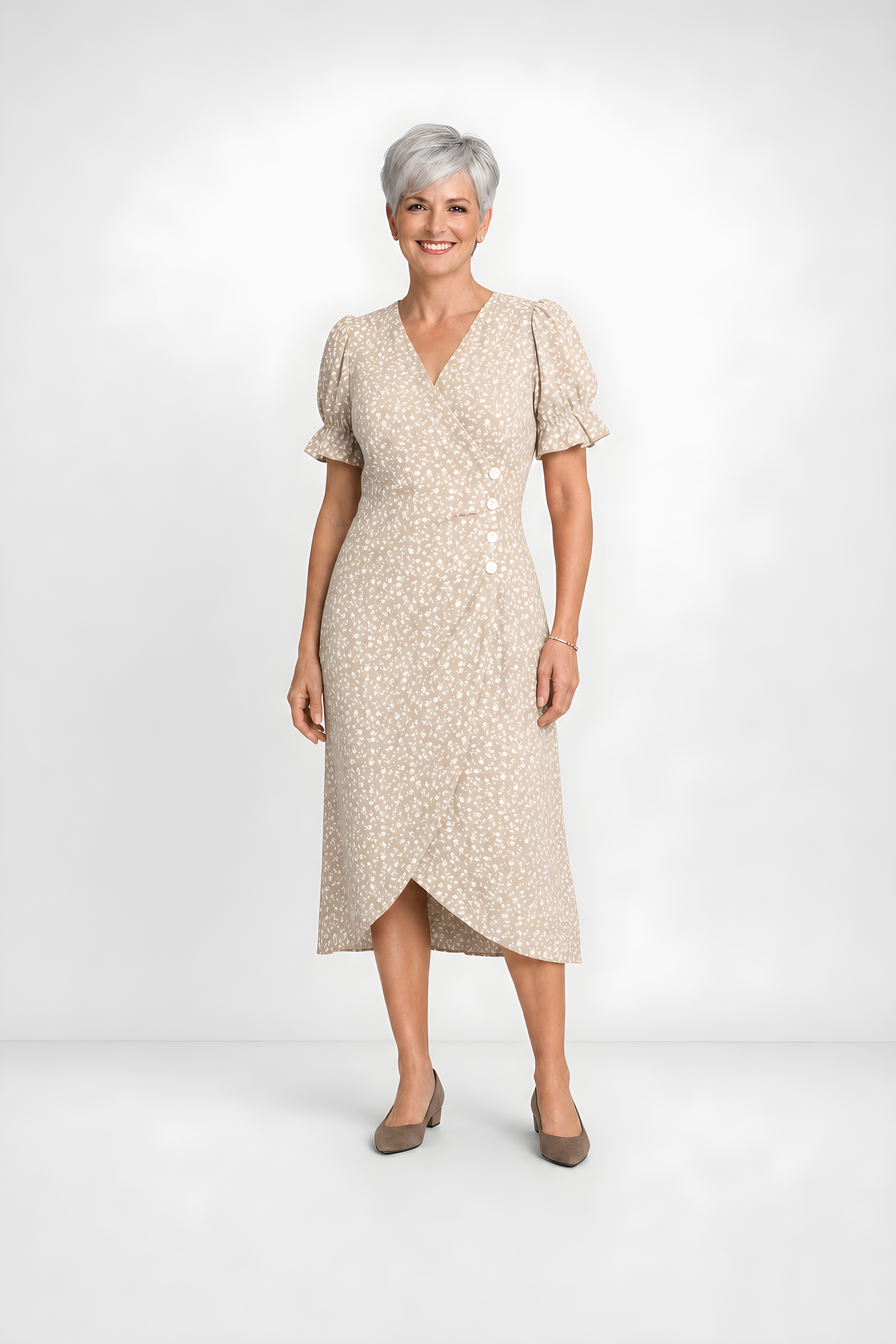 Carmen | Floral Wrap Midi Dress – Beige