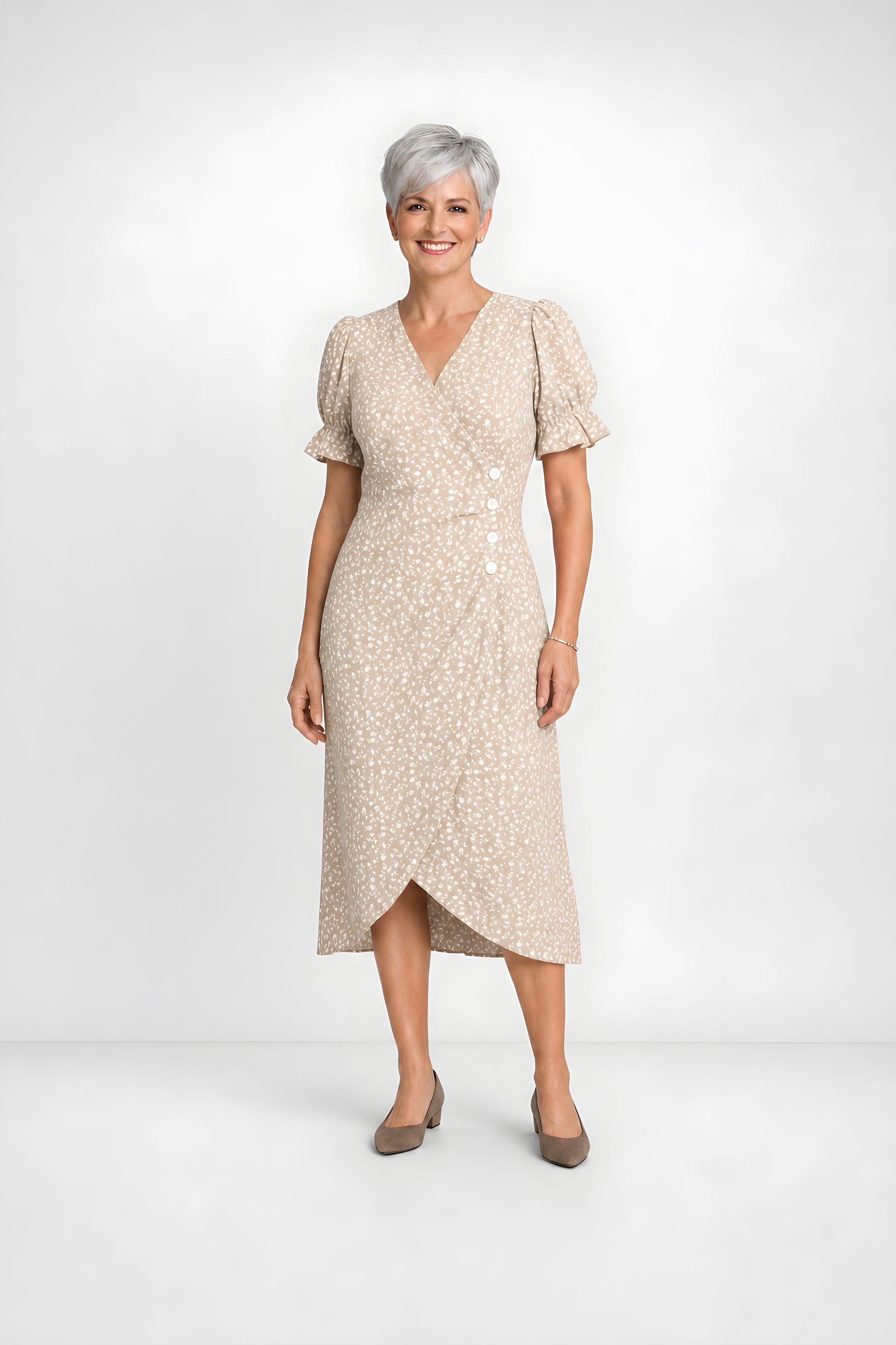 Carmen | Floral Wrap Midi Dress – Beige