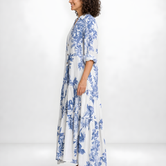 Fern | Blue Floral Button-Down Maxi Dress – Blue and White (side)