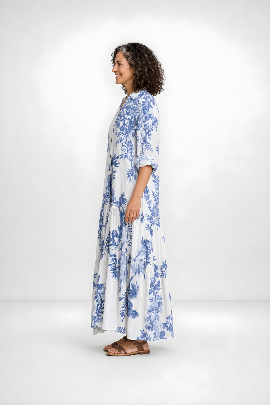 Fern | Blue Floral Button-Down Maxi Dress – Blue and White (side)