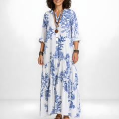 Fern | Blue Floral Button-Down Maxi Dress – Blue and White (front)
