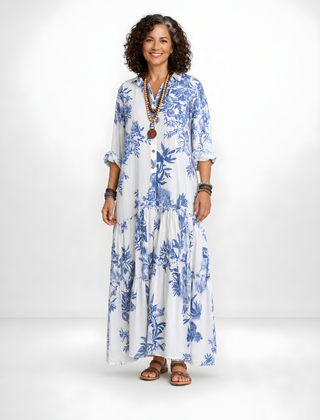 Fern | Blue Floral Button-Down Maxi Dress – Blue and White (front)
