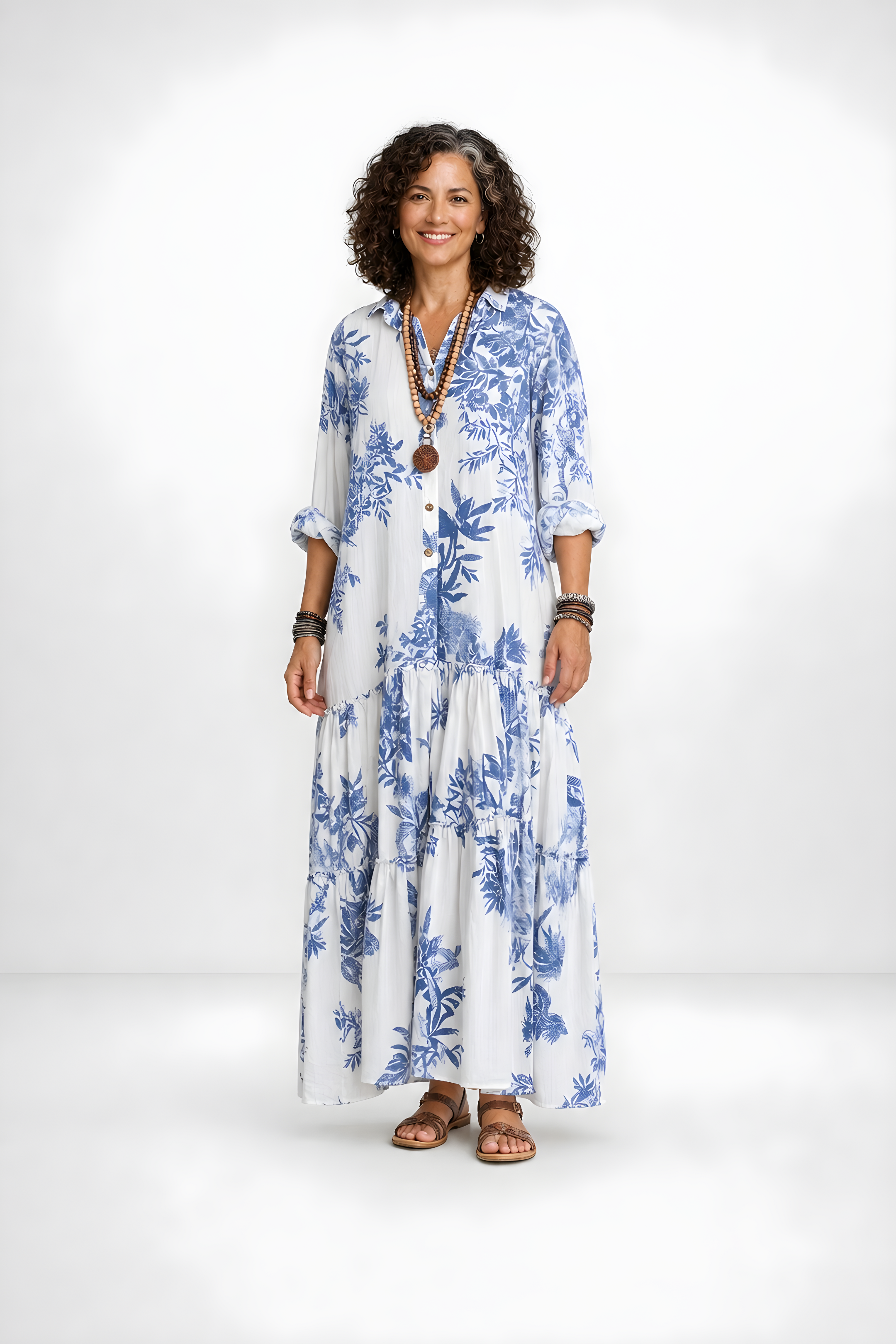 Fern | Blue Floral Button-Down Maxi Dress – Blue and White (front)