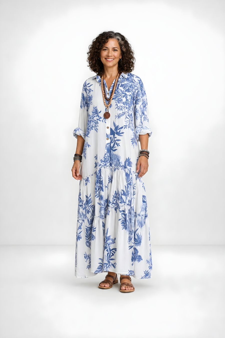 Fern | Blue Floral Button-Down Maxi Dress – Blue and White (front)