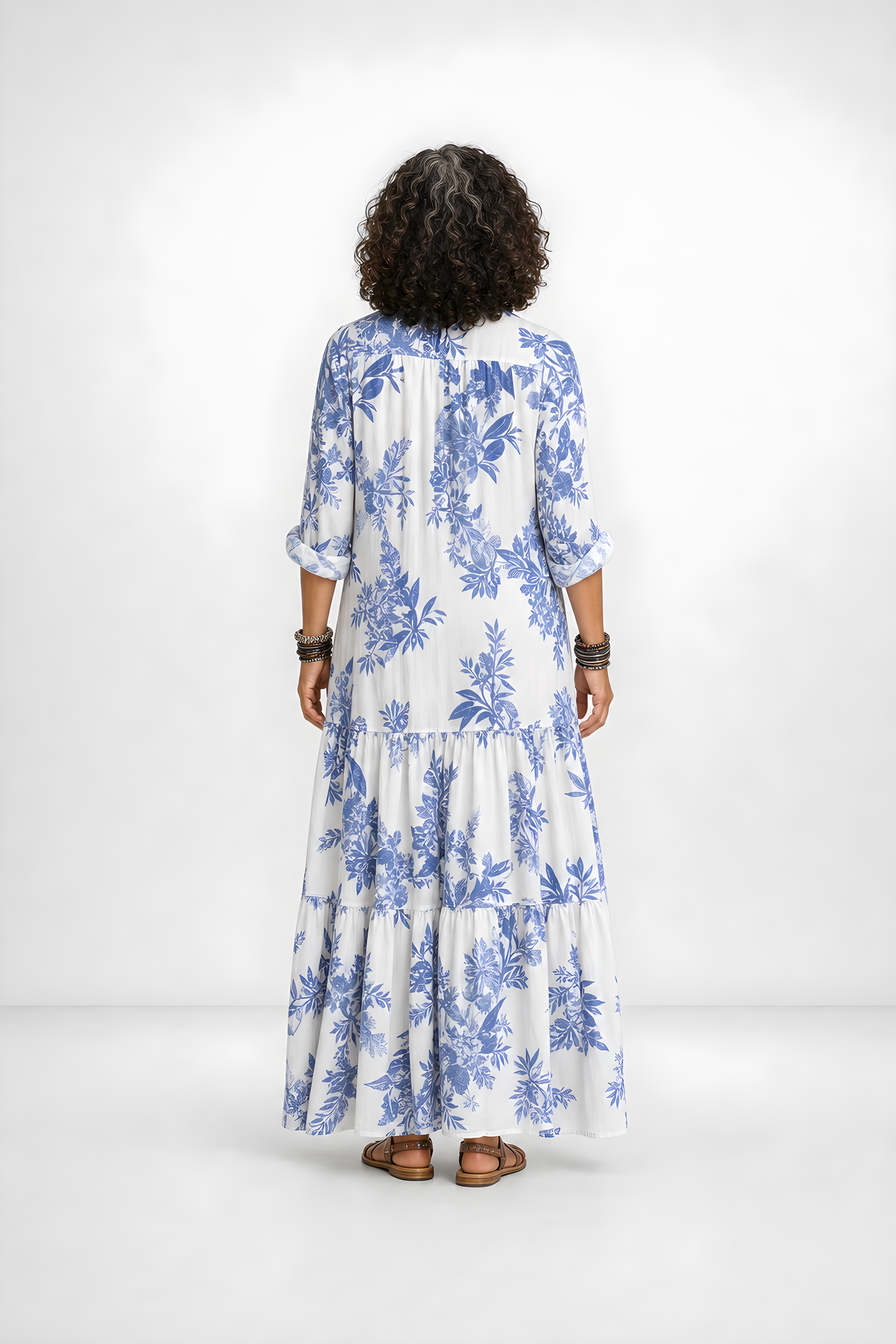 Fern | Blue Floral Button-Down Maxi Dress – Blue and White (back)