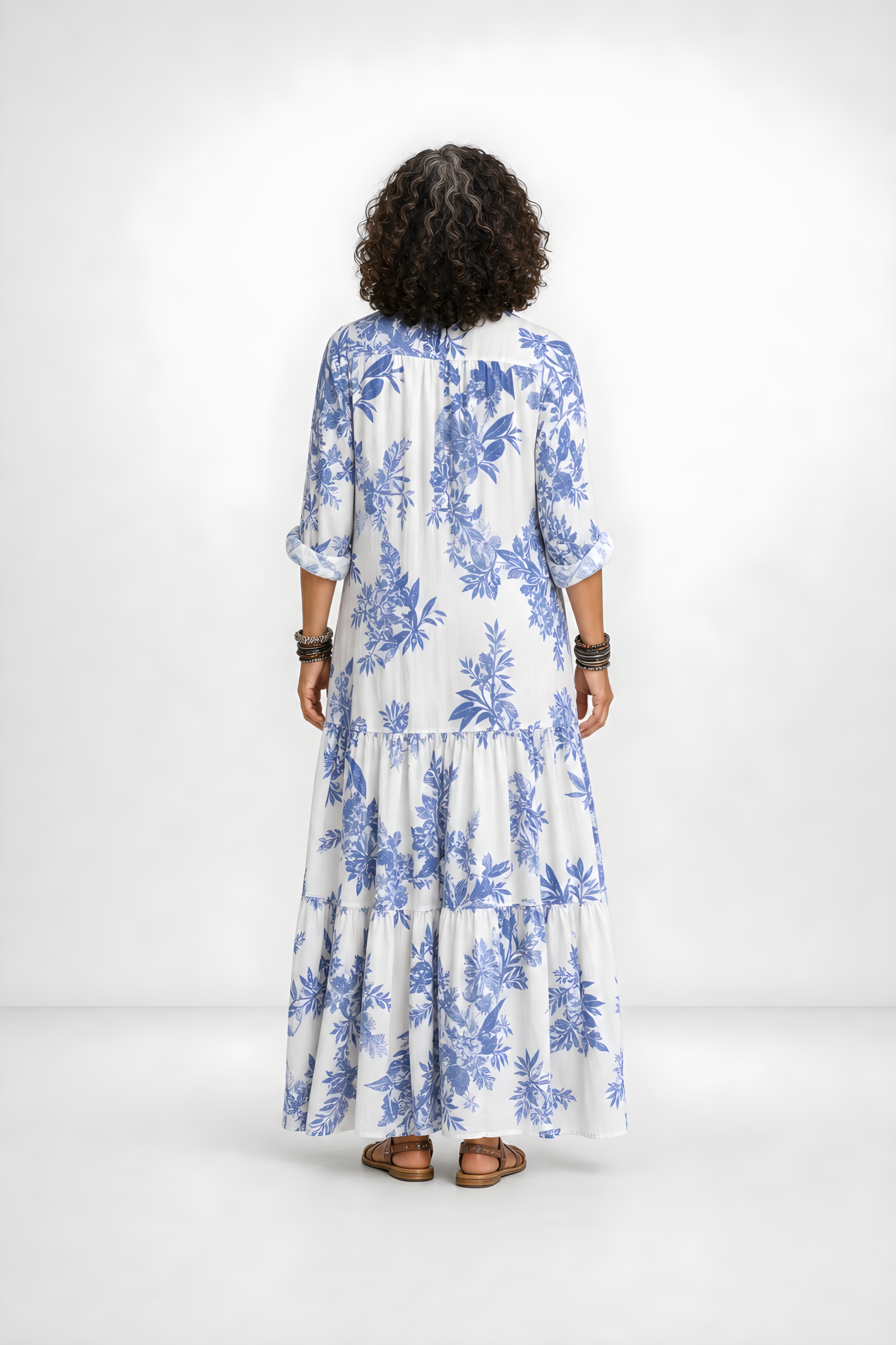 Fern | Blue Floral Button-Down Maxi Dress – Blue and White (back)
