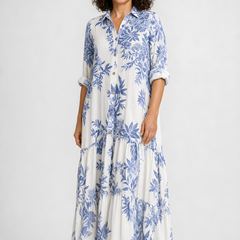 Fern | Blue Floral Button-Down Maxi Dress – Blue and White (detail)