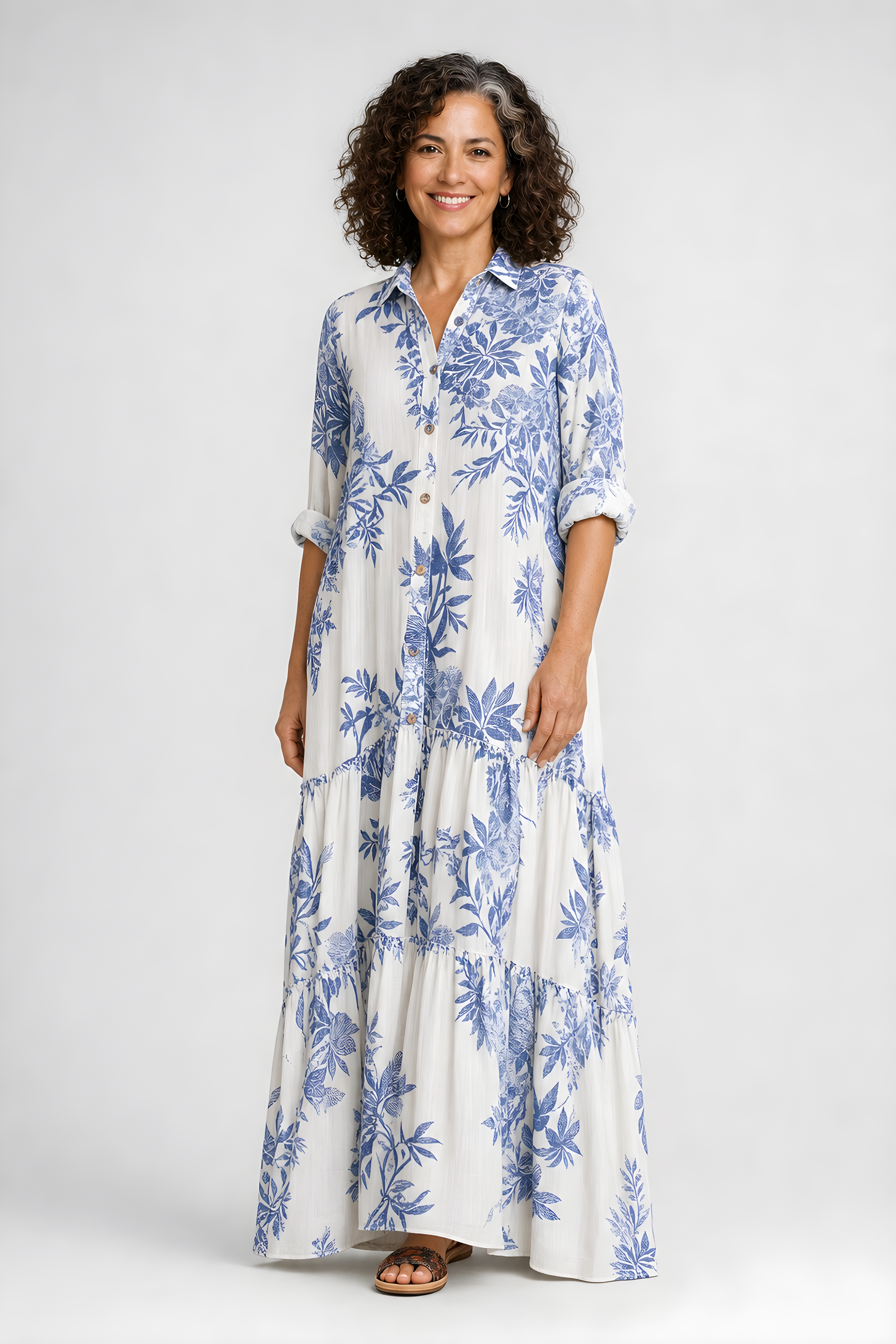 Fern | Blue Floral Button-Down Maxi Dress – Blue and White (detail)