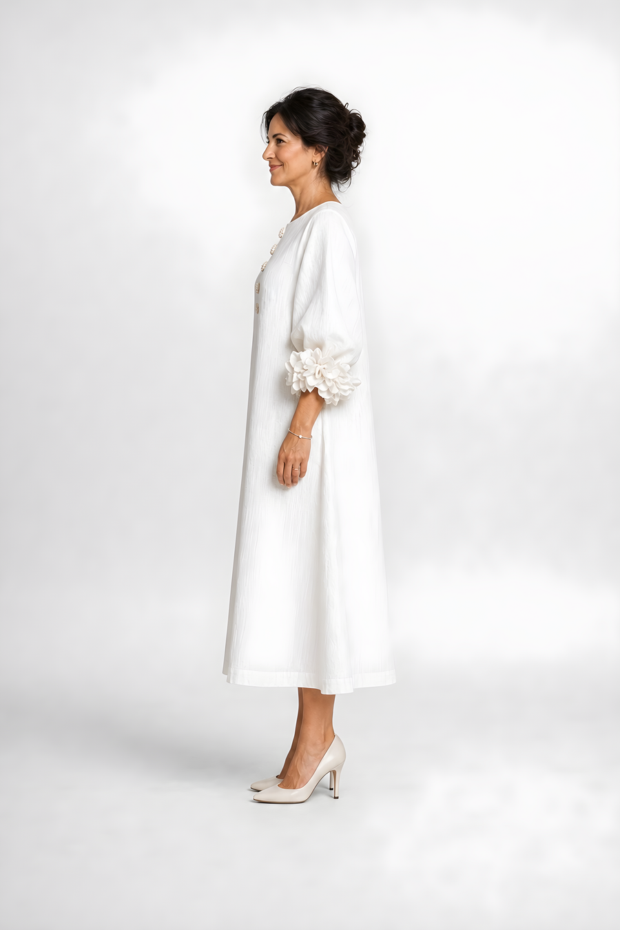 Candela | Floral Button Midi Dress – White (side)