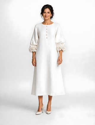 Candela | Floral Button Midi Dress – White (front)