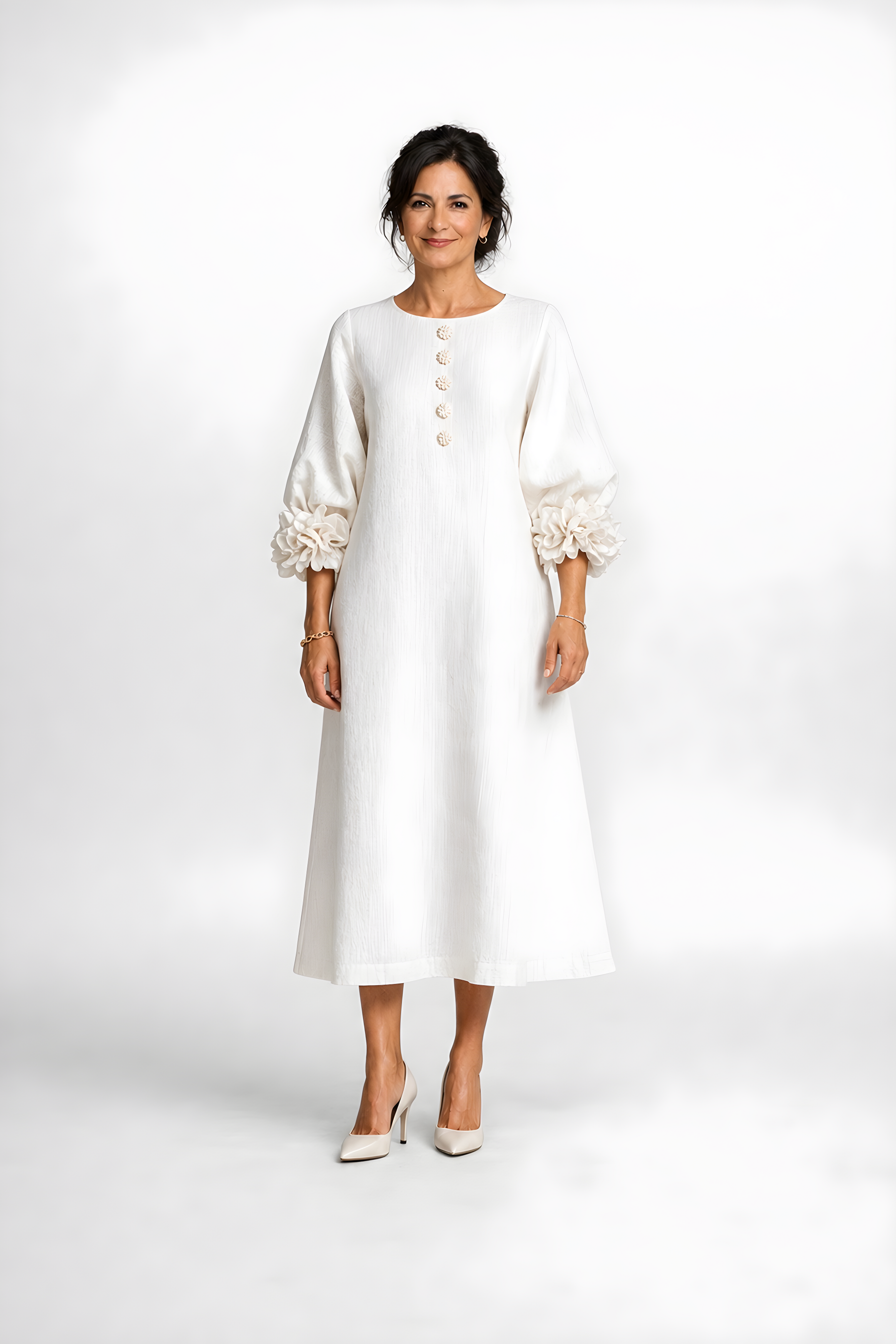 Candela | Floral Button Midi Dress – White (front)