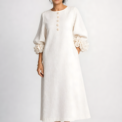 Candela | Floral Button Midi Dress – White (detail)