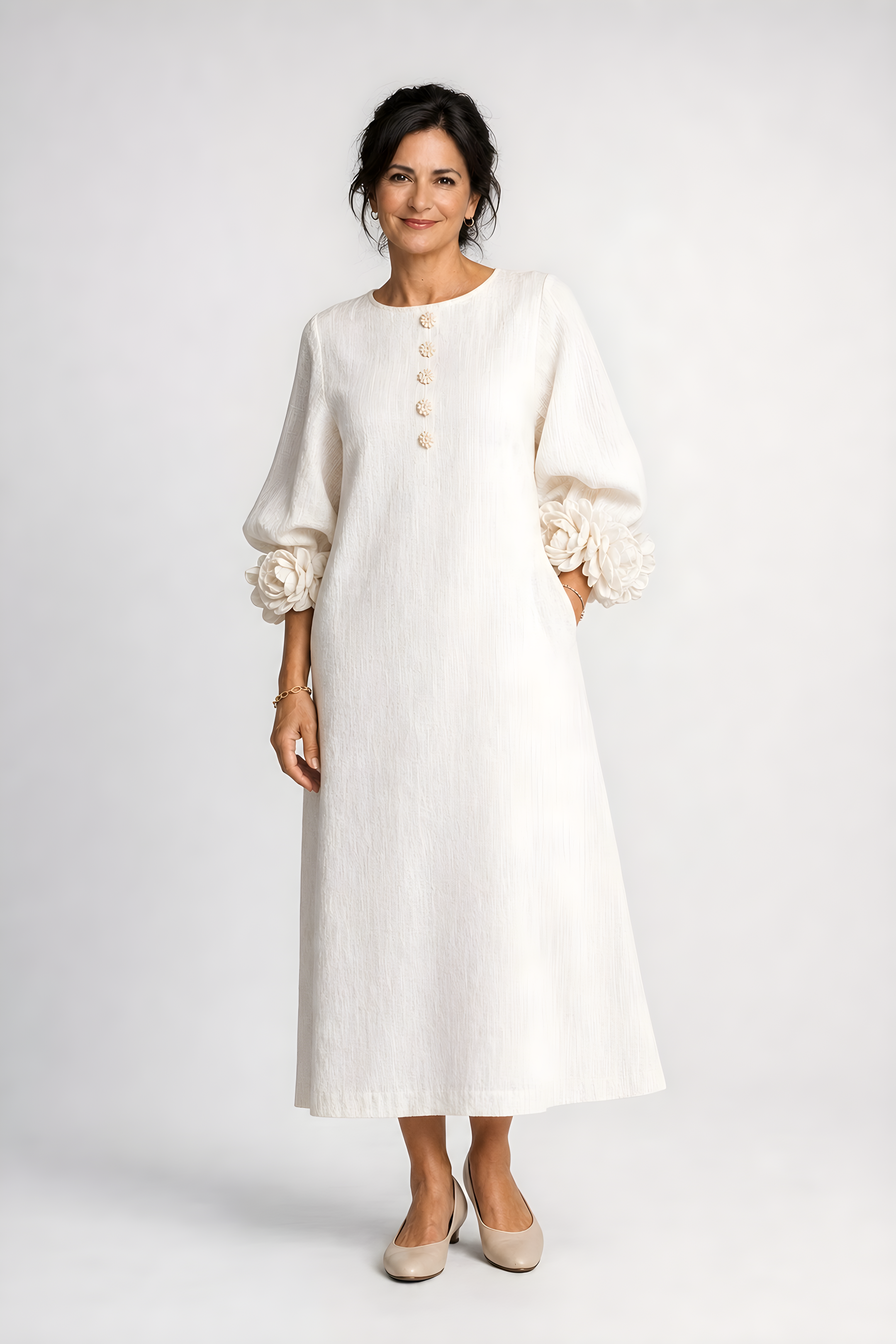 Candela | Floral Button Midi Dress – White (detail)
